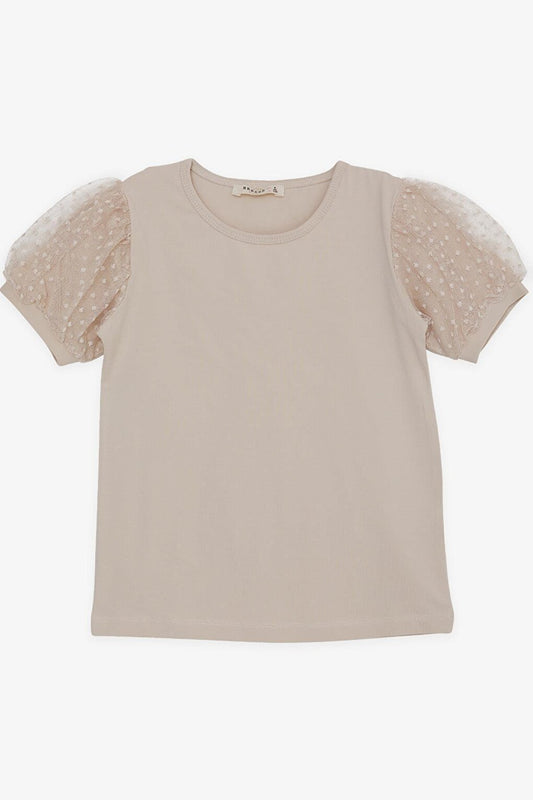 Girl's T-Shirt with Tulle Sleeves Beige (8-12 Years)