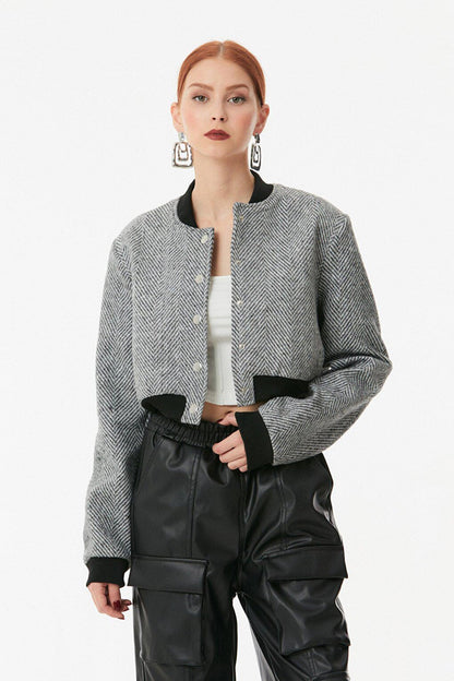 Striped Snap Fastener Stand Collar Crop Jacket