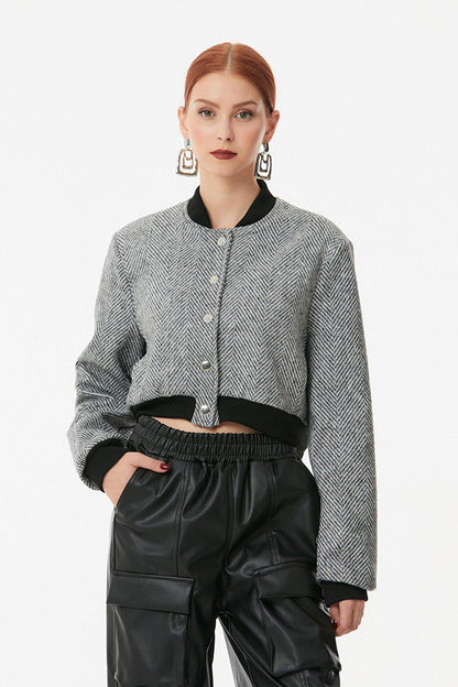 Striped Snap Fastener Stand Collar Crop Jacket