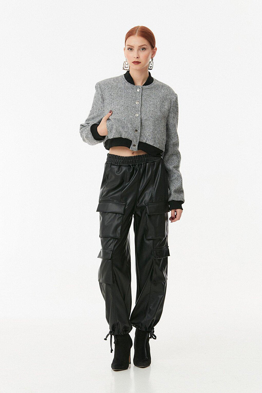 Striped Snap Fastener Stand Collar Crop Jacket