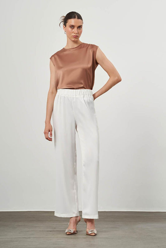 Elastic Waist Satin Ecru Trousers