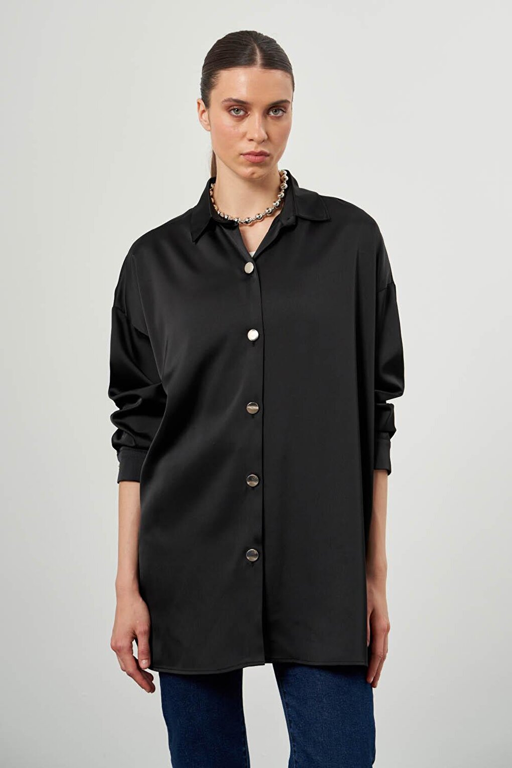 Black Shirt Tunic with Metal Buttons