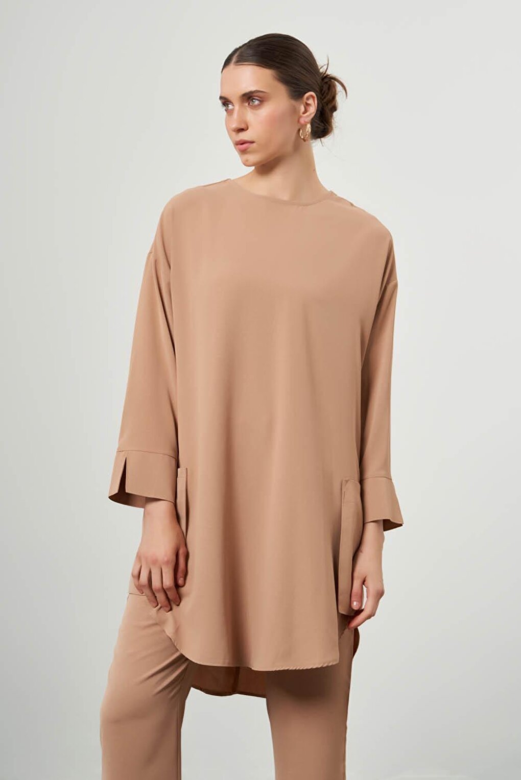 Patterned Textured Pocketed Tan Tunic