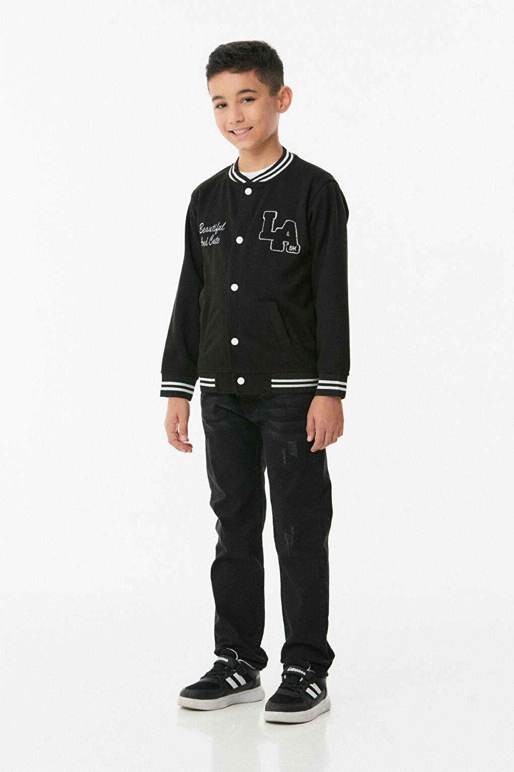 Embroidered Snap Fastener Stand Collar College Jacket