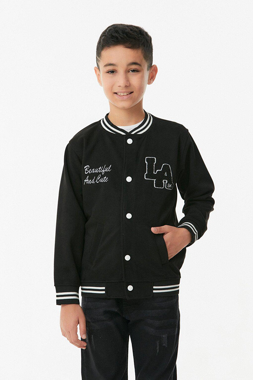 Embroidered Snap Fastener Stand Collar College Jacket