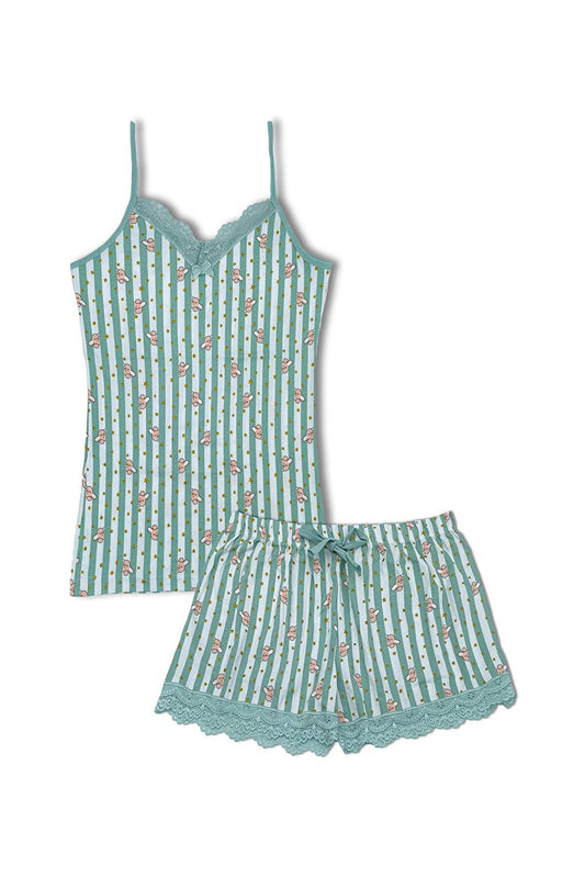 Cotton Patterned Thin Strap V-Neck Tank Top and Shorts Women's Pajama Set