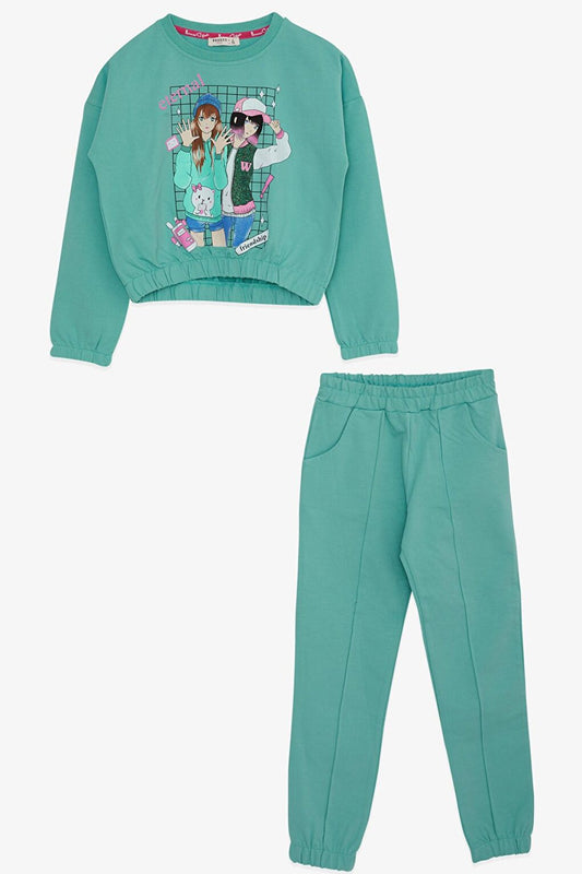 Girl's Tracksuit Set Glitter Girls Printed Mint Green (Age 8-11)