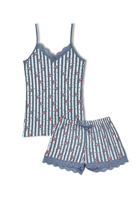 Cotton Patterned Thin Strap V-Neck Tank Top and Shorts Women's Pajama Set