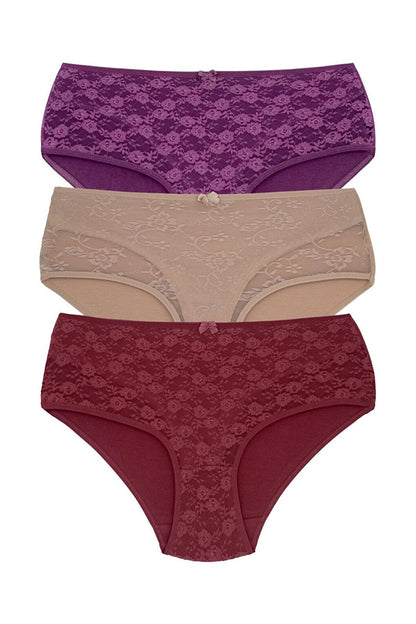 Cotton Front Lined Lez Lace High Waist Women's Panties 3-Piece