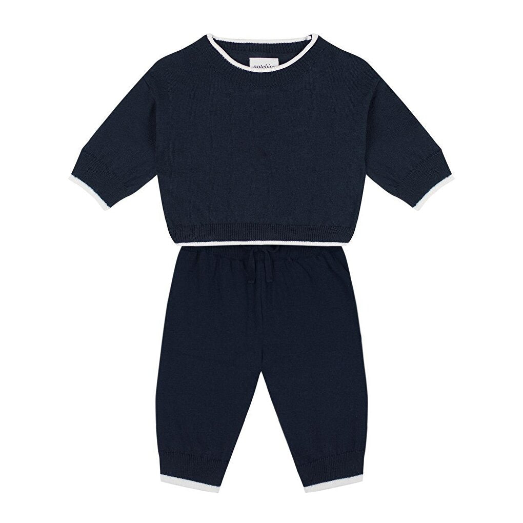 Navy Blue Knitwear Baby Set with White Contrast Detail