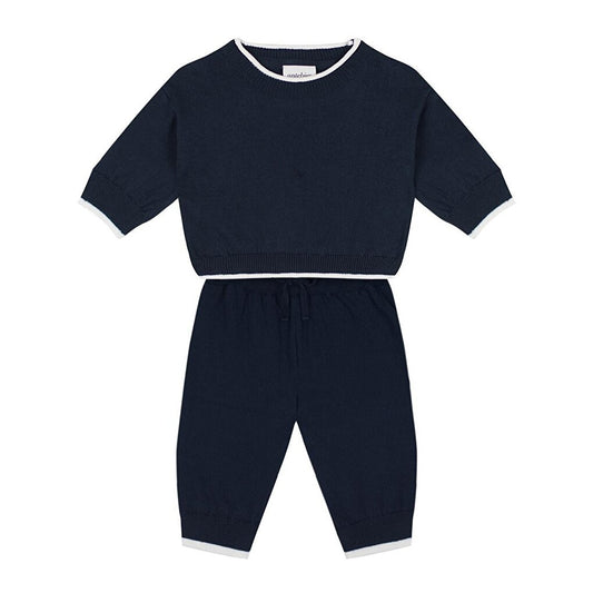 Navy Blue Knitwear Baby Set with White Contrast Detail