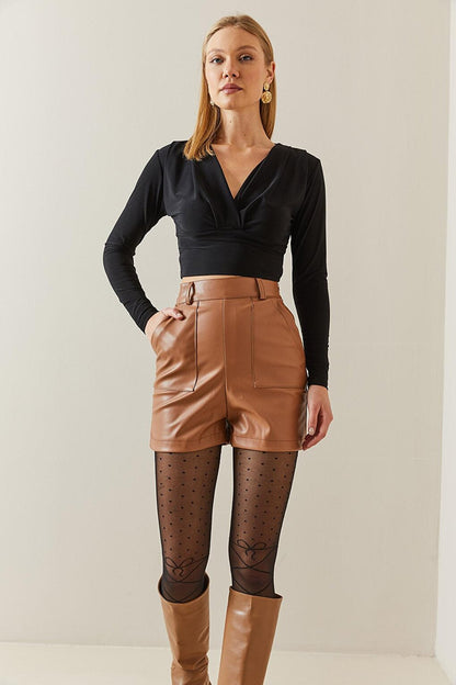 Tan High Waist Leather Look Shorts 4KXK5-47848-30