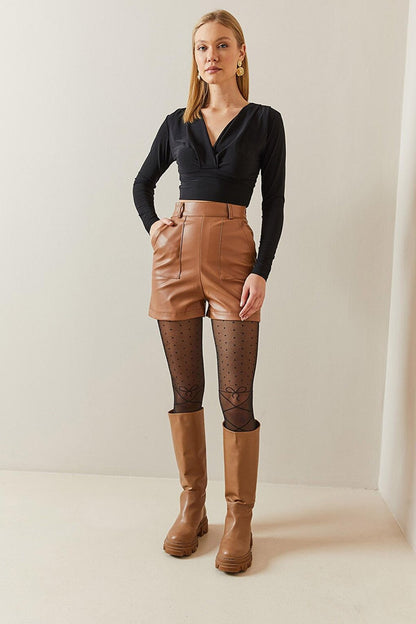 Tan High Waist Leather Look Shorts 4KXK5-47848-30