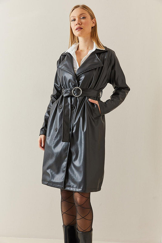 Black Double Breasted Collar Pocket &amp; Belted Leather Trench Coat 4KXK4-47802-02