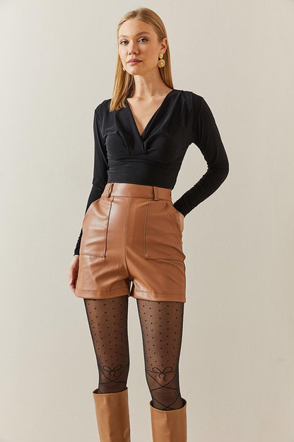 Tan High Waist Leather Look Shorts 4KXK5-47848-30