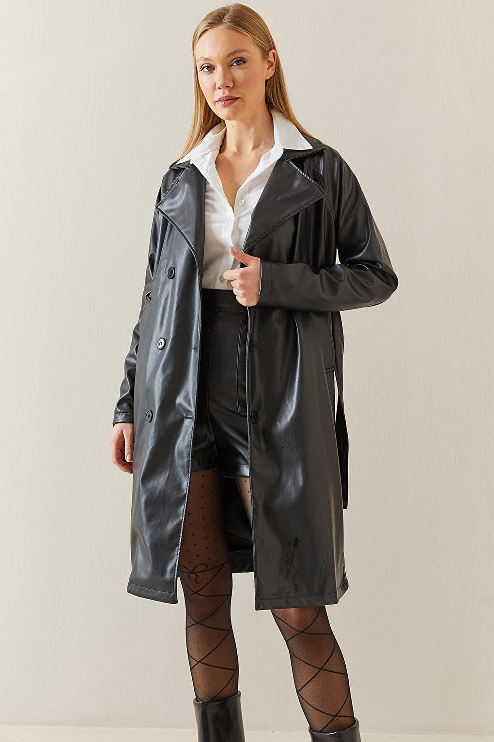 Black Double Breasted Collar Pocket &amp; Belted Leather Trench Coat 4KXK4-47802-02