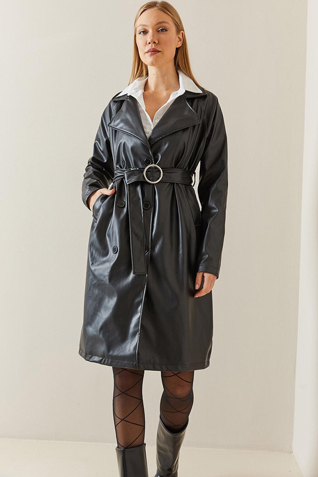 Black Double Breasted Collar Pocket &amp; Belted Leather Trench Coat 4KXK4-47802-02