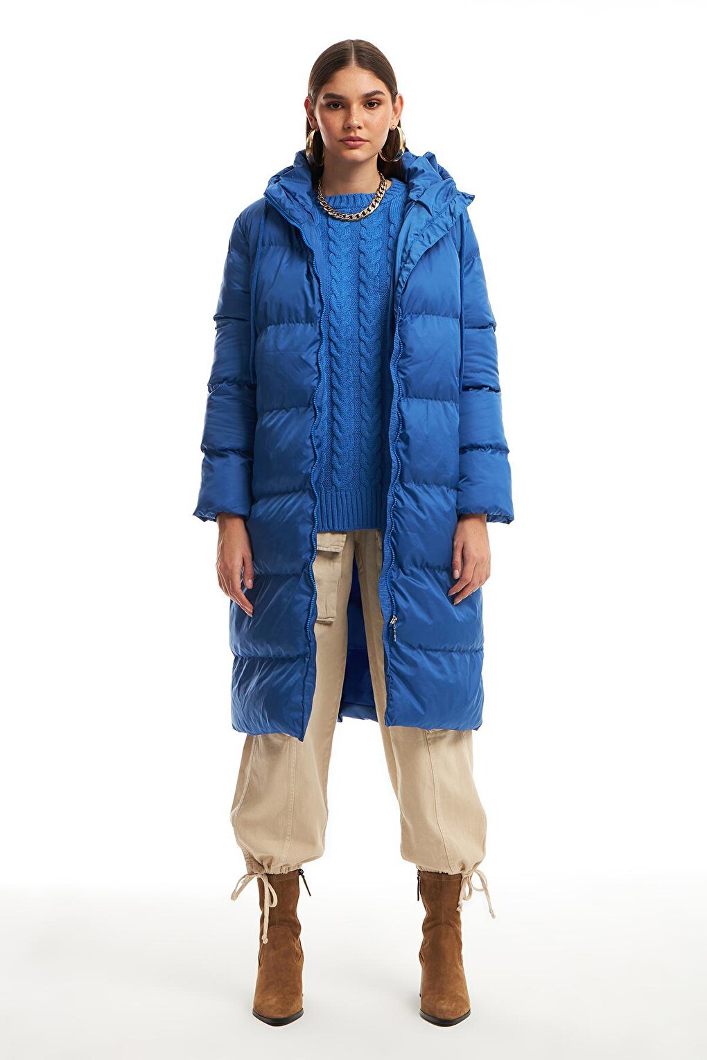 Hooded Long Puffer Coat Indigo