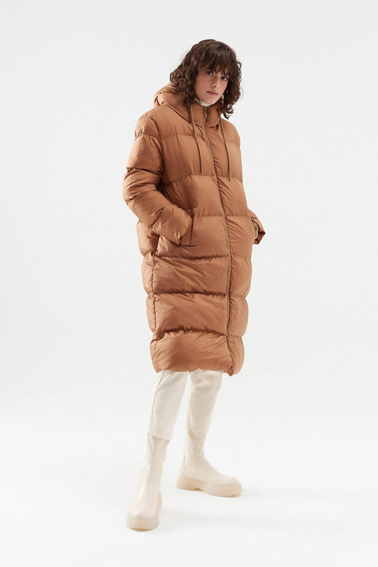 Hooded Long Puffer Coat Camel