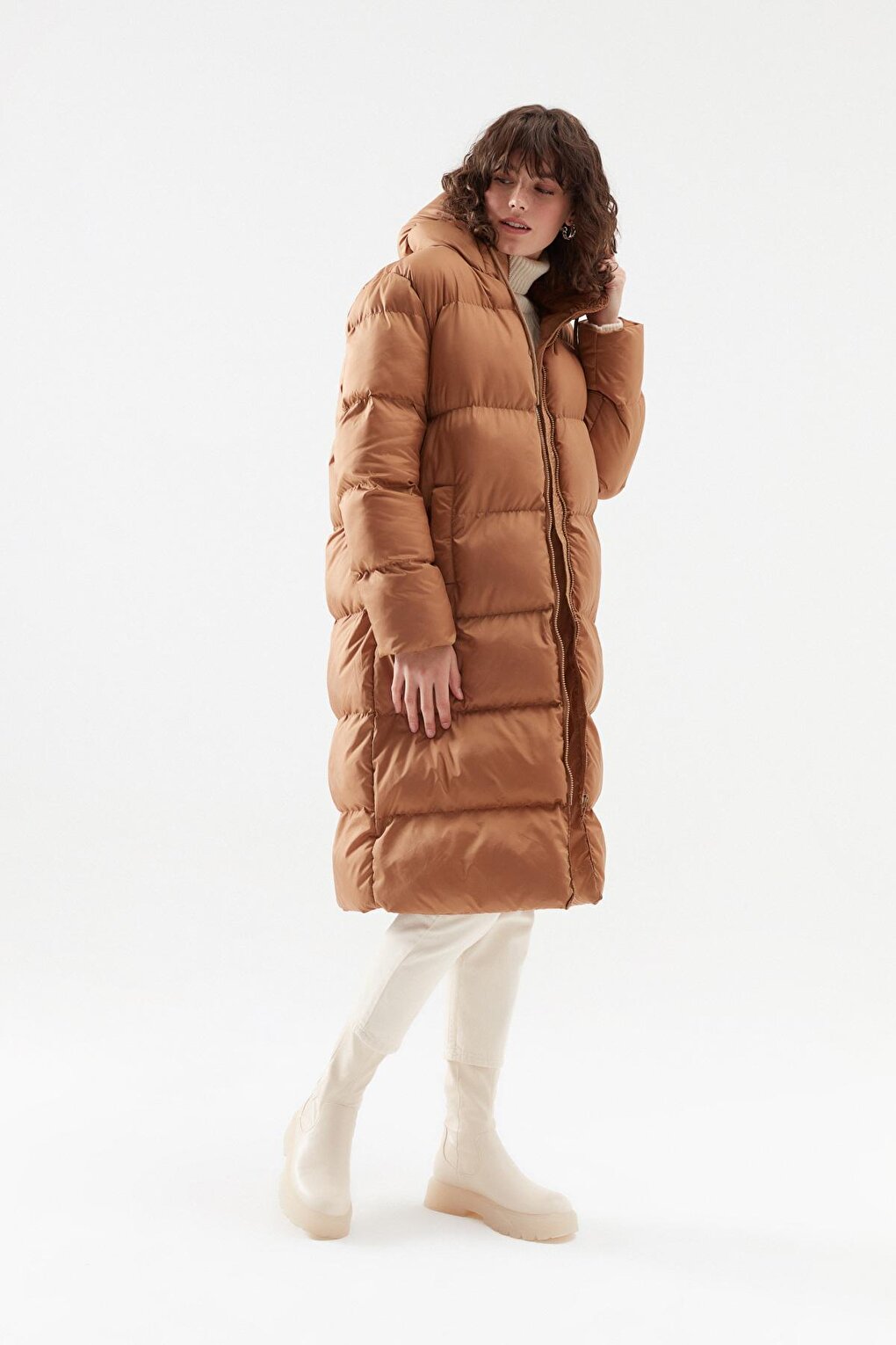 Hooded Long Puffer Coat Camel