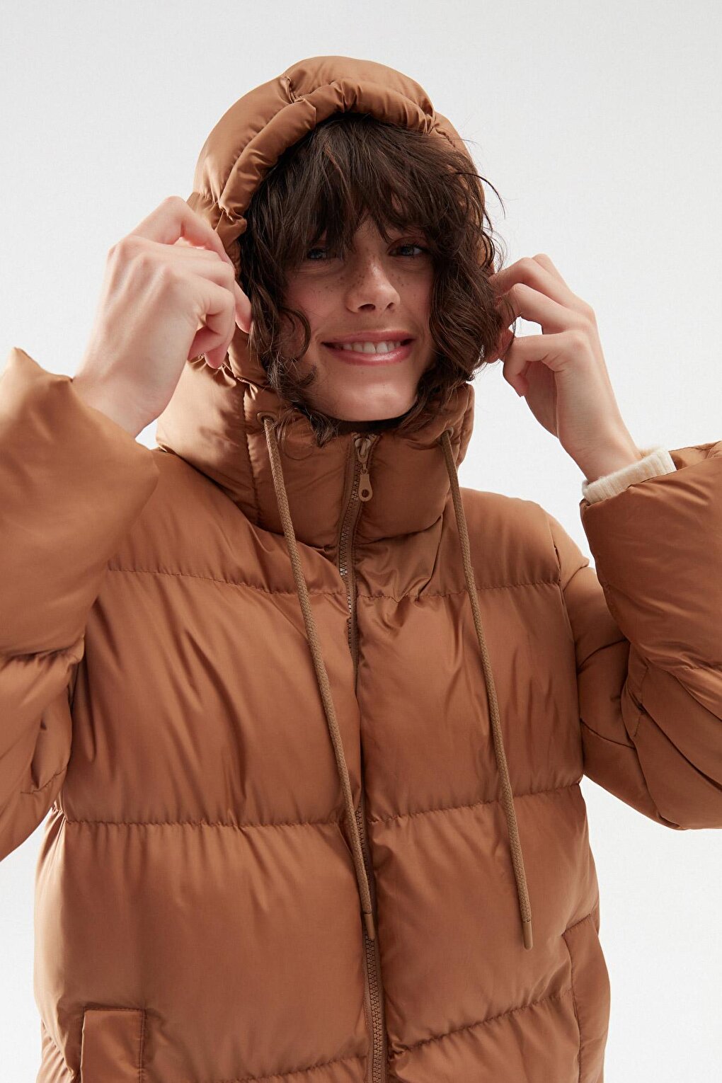 Hooded Long Puffer Coat Camel