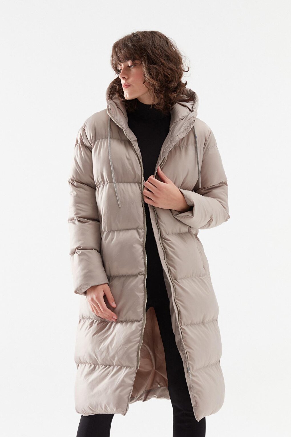 Hooded Long Puffer Coat Stone