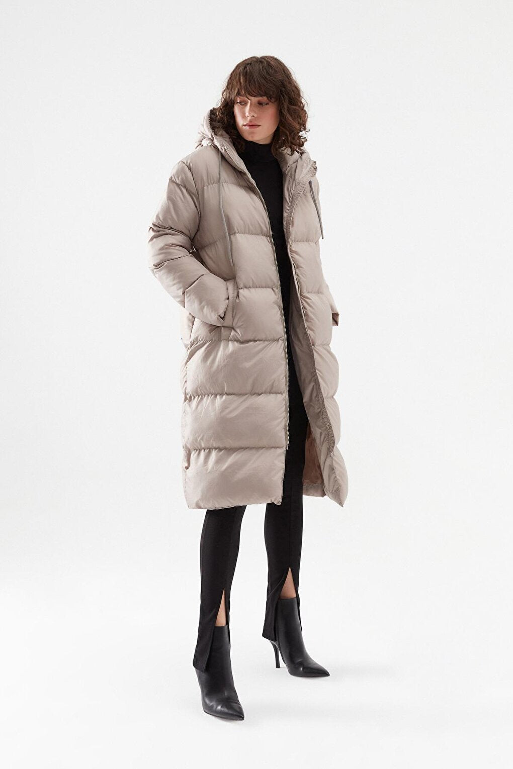 Hooded Long Puffer Coat Stone