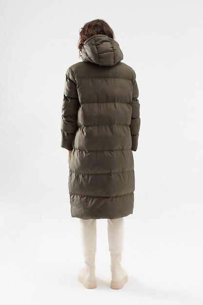 Hooded Long Puffer Coat Khaki