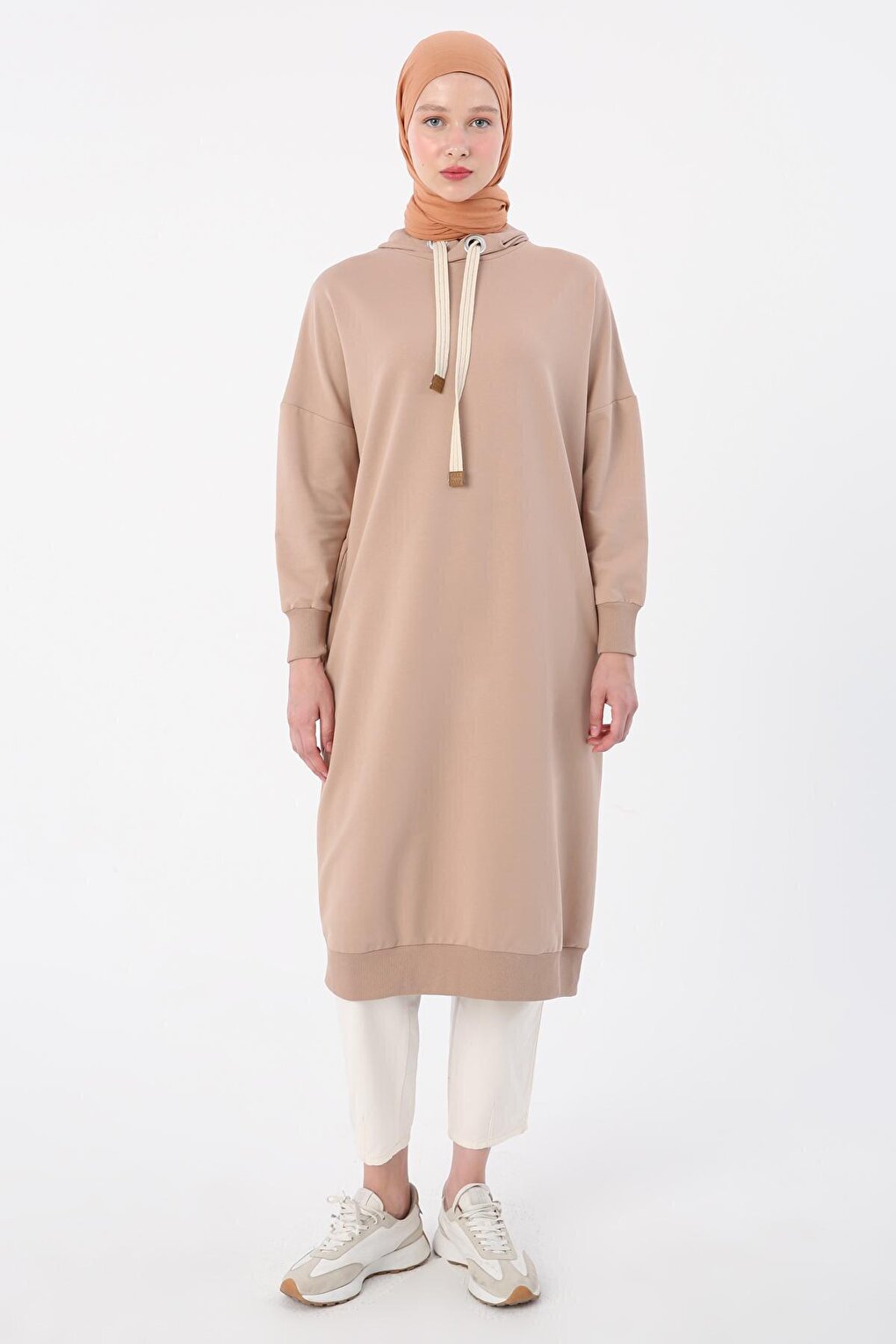 Beige Eyelet Hooded Sweat Tunic with Pockets