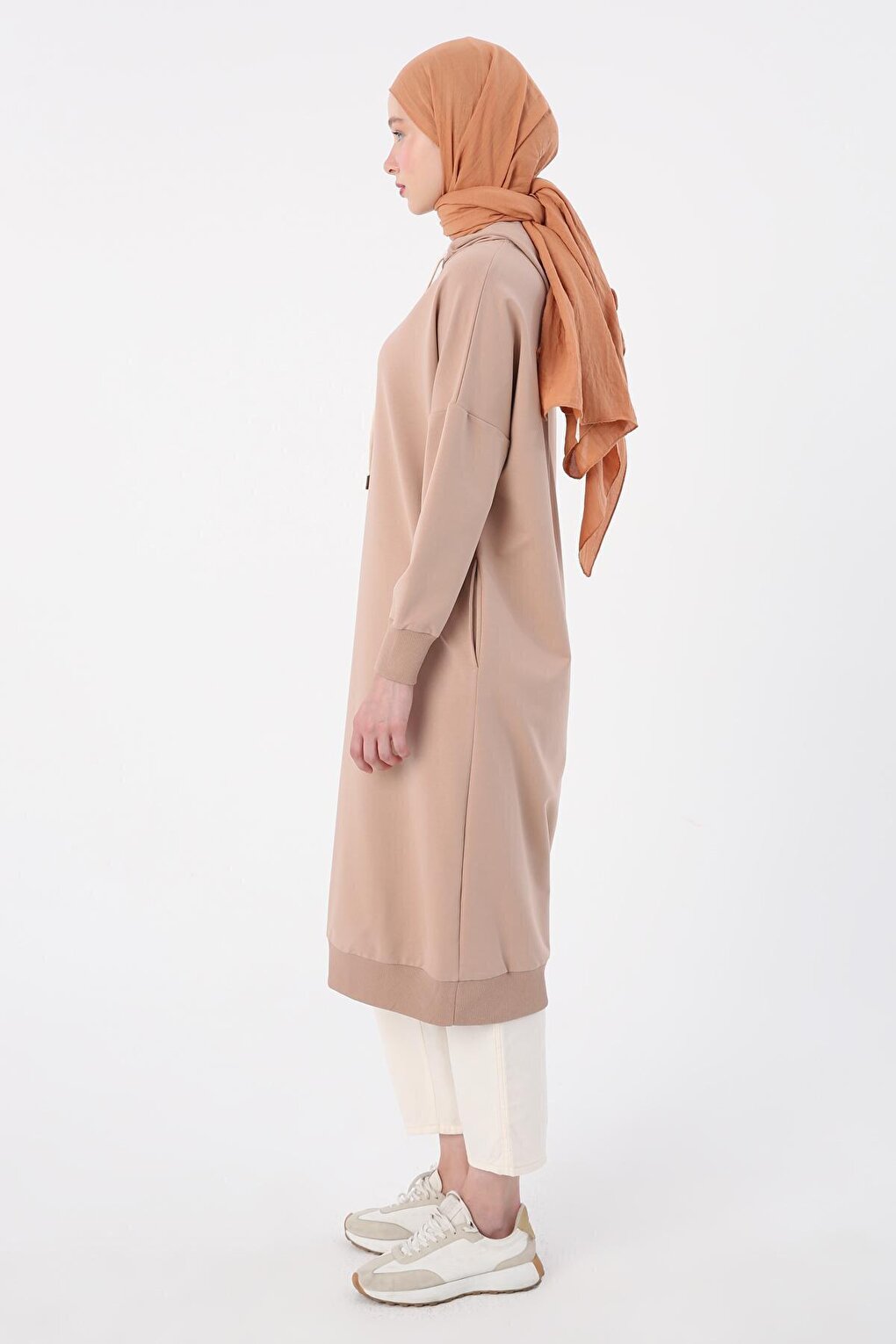 Beige Eyelet Hooded Sweat Tunic with Pockets