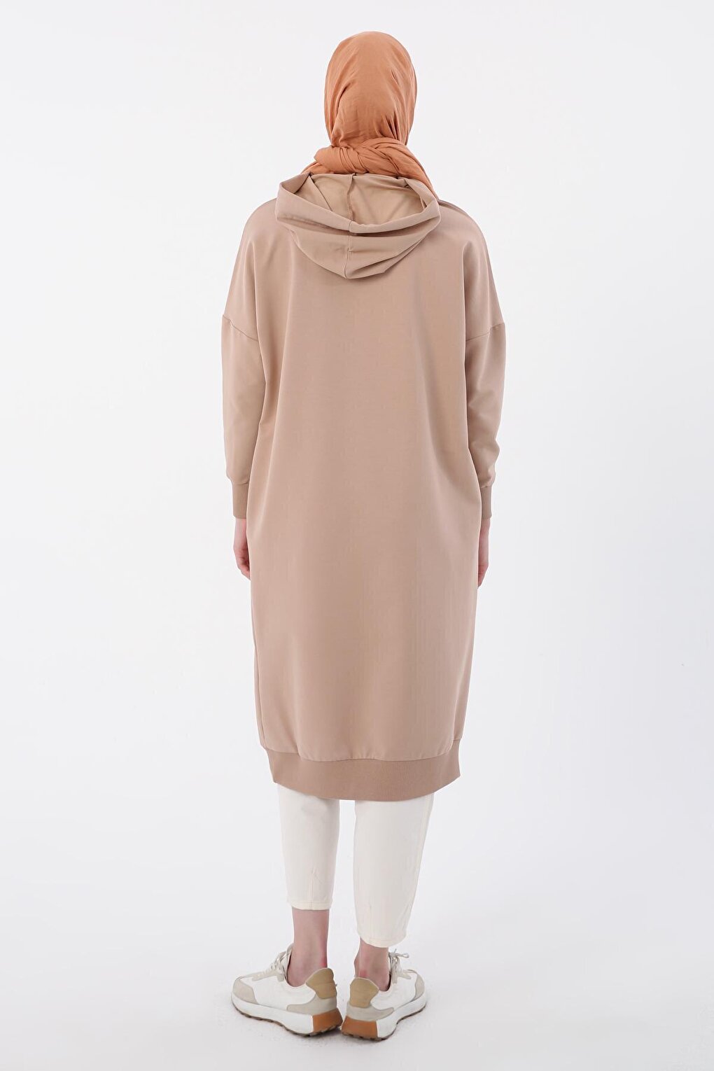 Beige Eyelet Hooded Sweat Tunic with Pockets