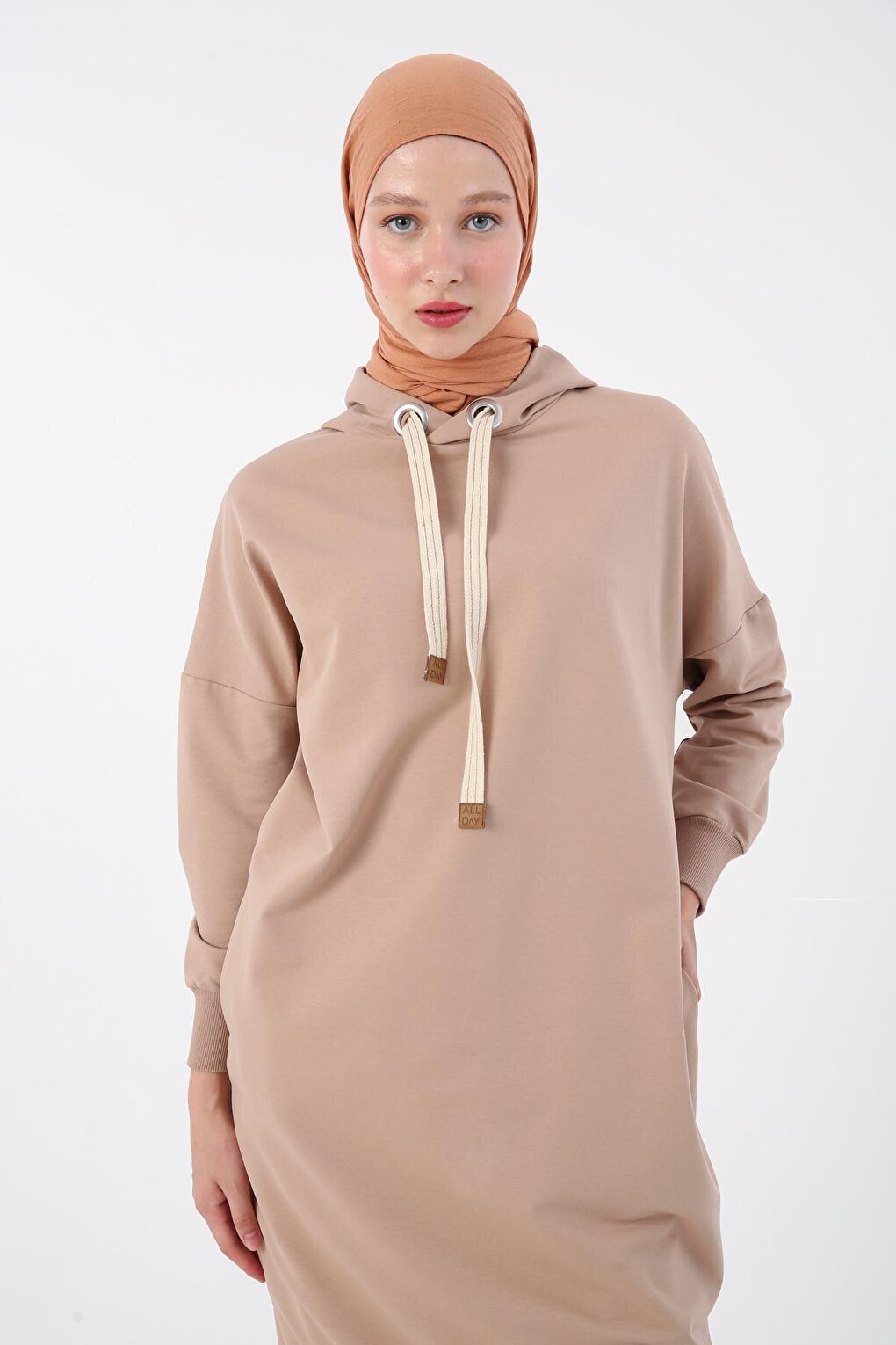 Beige Eyelet Hooded Sweat Tunic with Pockets