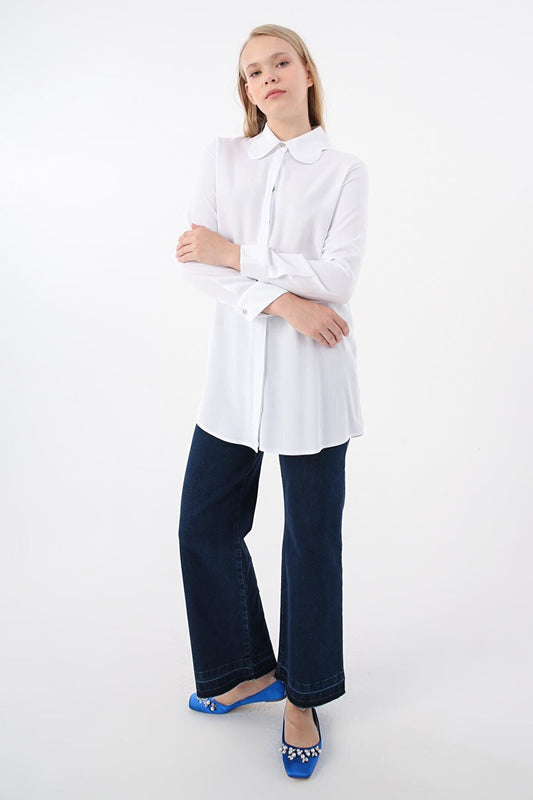 White Viscose Collar Detailed Stylish Buttoned Shirt Tunic