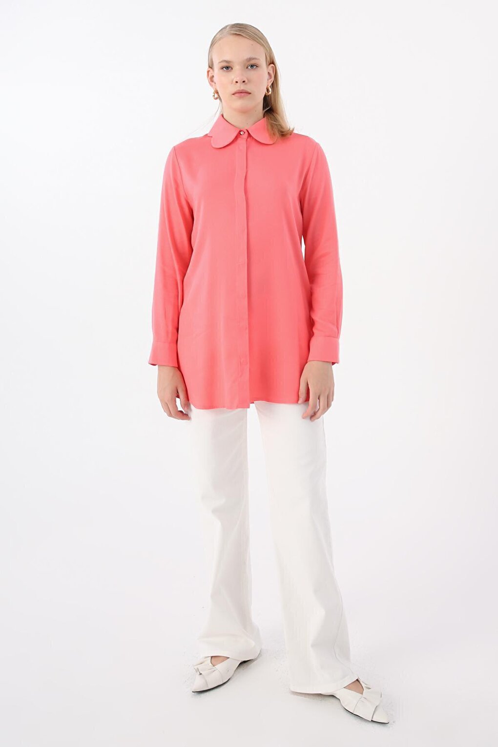 Pink Viscose Collar Detailed Stylish Buttoned Shirt Tunic