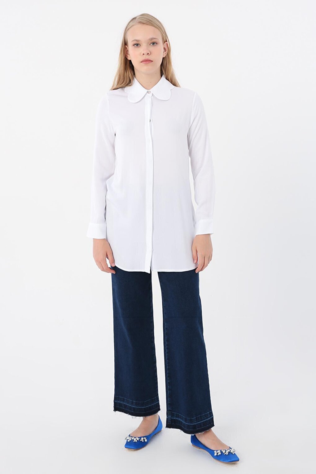 White Viscose Collar Detailed Stylish Buttoned Shirt Tunic