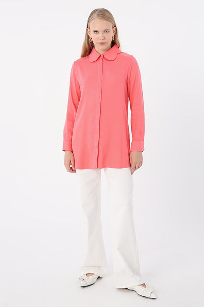 Pink Viscose Collar Detailed Stylish Buttoned Shirt Tunic