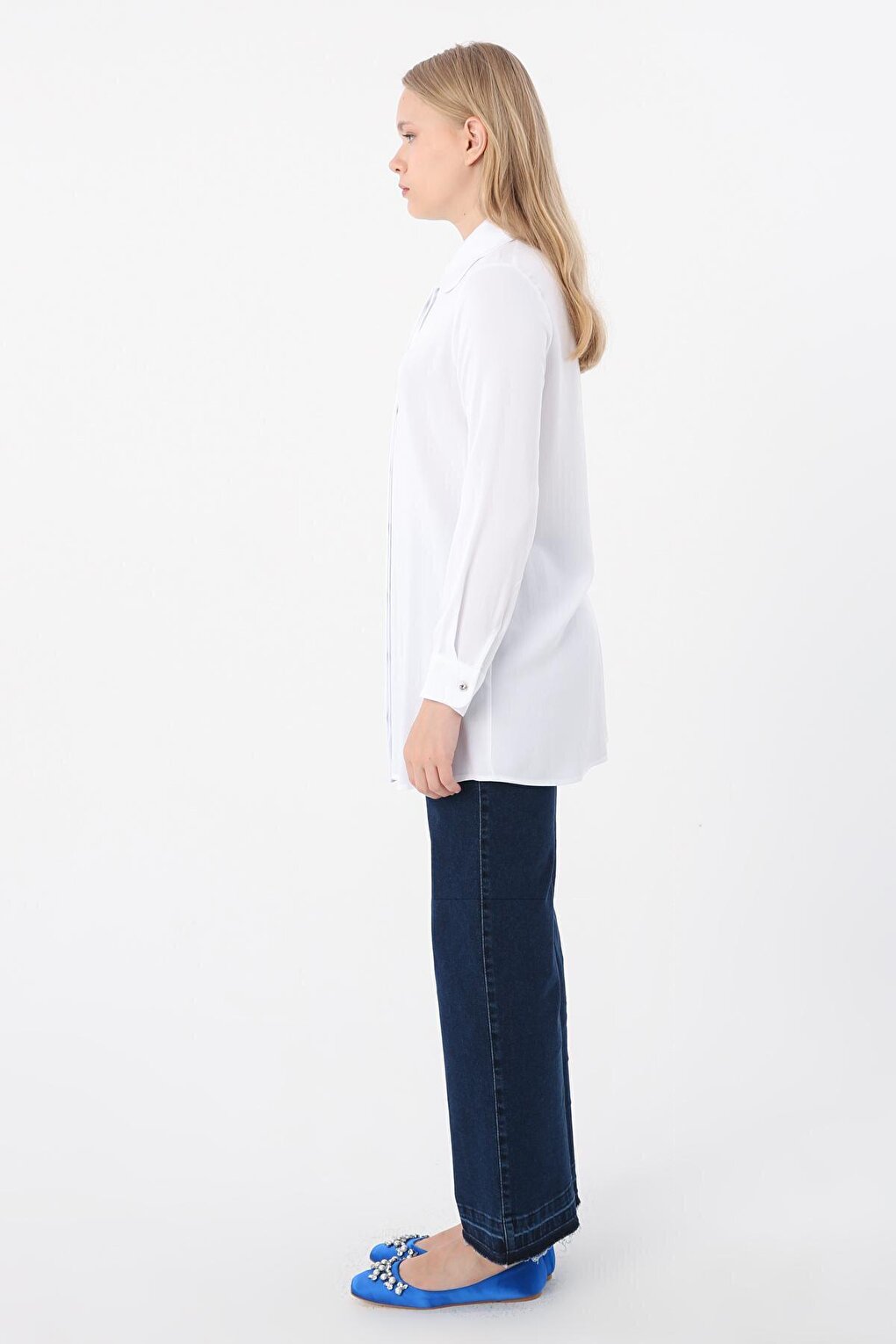 White Viscose Collar Detailed Stylish Buttoned Shirt Tunic