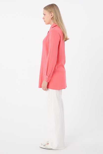 Pink Viscose Collar Detailed Stylish Buttoned Shirt Tunic