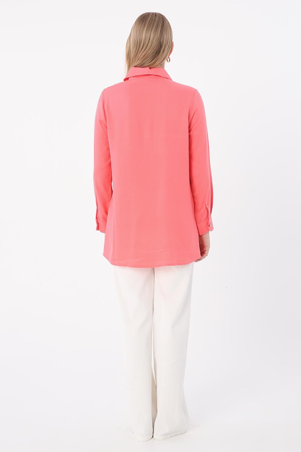 Pink Viscose Collar Detailed Stylish Buttoned Shirt Tunic