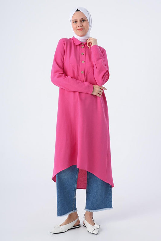 Fuchsia Shirt Collar Back Long Linen Tunic