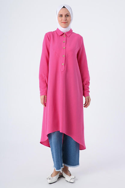 Fuchsia Shirt Collar Back Long Linen Tunic