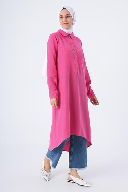 Fuchsia Shirt Collar Back Long Linen Tunic