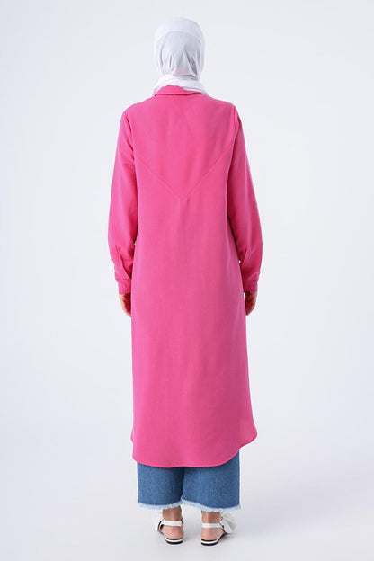 Fuchsia Shirt Collar Back Long Linen Tunic