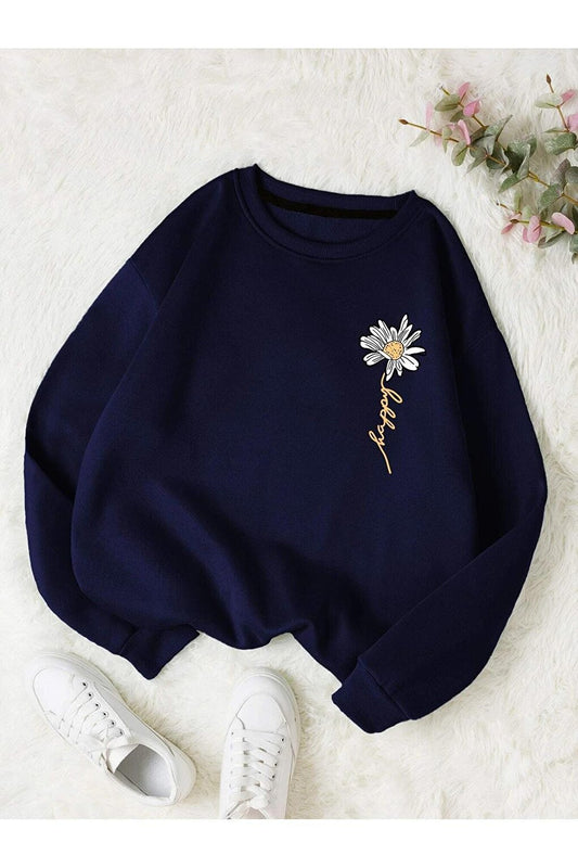 Women's DARK BLUE Daisy Printed Crew Neck Sweatshirt