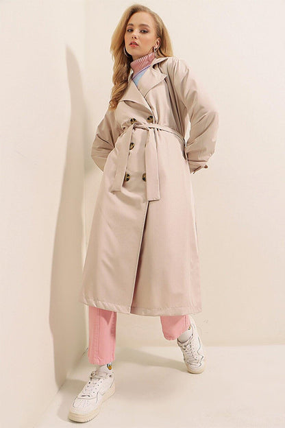 Women's Cream Double Breasted Collar Belted Unlined Seasonal Comfortable Trench Coat Hzl22s-bd158531