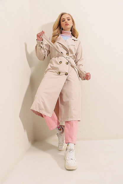 Women's Cream Double Breasted Collar Belted Unlined Seasonal Comfortable Trench Coat Hzl22s-bd158531