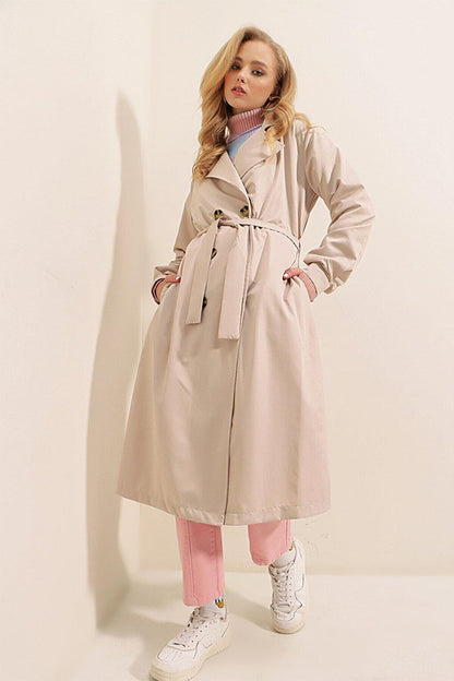 Women's Cream Double Breasted Collar Belted Unlined Seasonal Comfortable Trench Coat Hzl22s-bd158531