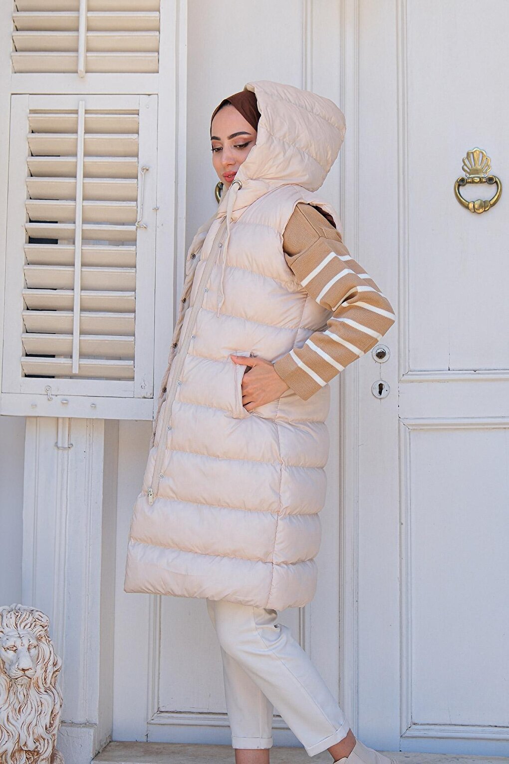 Women's Hooded Long Puffer Vest Beige