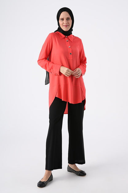 Pomegranate Blossom Shirt Collar Half Placket Slit Long Back Tunic