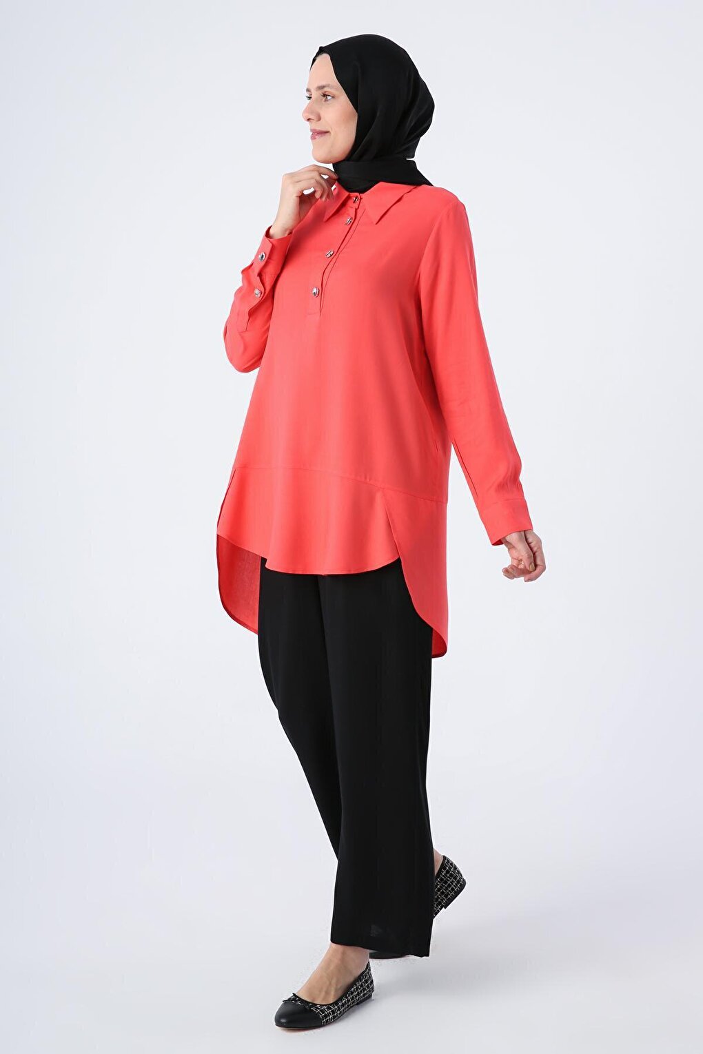 Pomegranate Blossom Shirt Collar Half Placket Slit Long Back Tunic